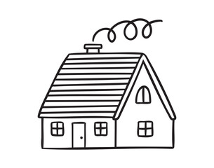 Cozy autumn doodle wooden house rustic, line art monochrome hand drawn outline