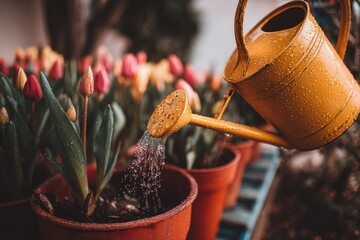 Watering tulips in terracotta pots with a yellow watering can.