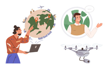 Woman tracking globe with laptop, man engaging via headset, and surveillance quadcopter flying. Ideal for remote work, virtual assistance, technology, communication, navigation, innovation education
