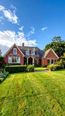 Red brick house with manicured lawn