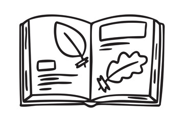 Cozy autumn doodle set with open book with autumn herbarium, line art monochrome hand drawn outline