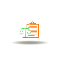 Vector illustration of clipboard with law scales. Icon of legal document. Symbol of patent.