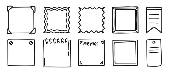 Square and rectangular sticky notes, tear off papers, line art planner set, outline contour, monochrome, hand drawn