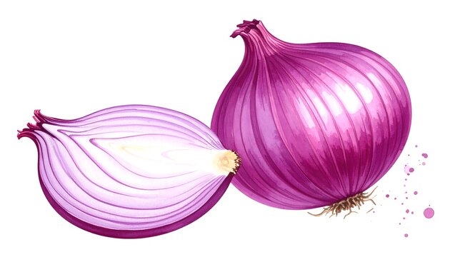 Illustration of two purple onions, one whole and one sliced - Powered by Adobe
