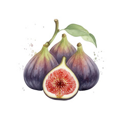 Watercolor illustration of fresh figs with a cut one revealing the inside.
