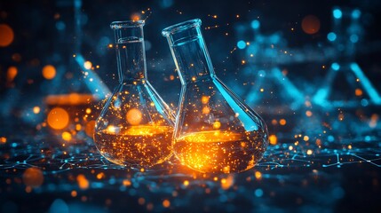 Ethereal fantasy chemistry scene glowing orbs glass flasks levitating among stars