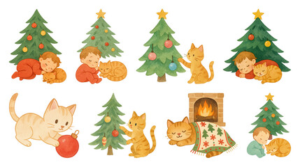 Naklejka premium PNG Cozy festive cats and children, element set on transparent background