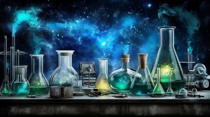 Ethereal fantasy chemistry scene glowing orbs glass flasks levitating among stars