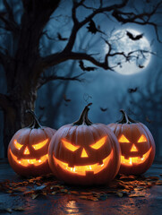 Jack-o'-lanterns glowing in spooky halloween night