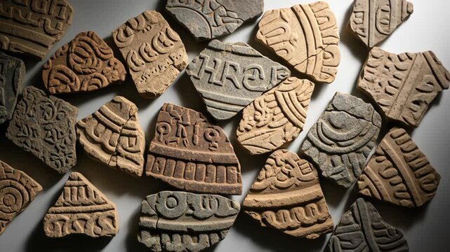 A collection of ancient archaeological fragments featuring carved symbols, letters, and intricate decorative patterns