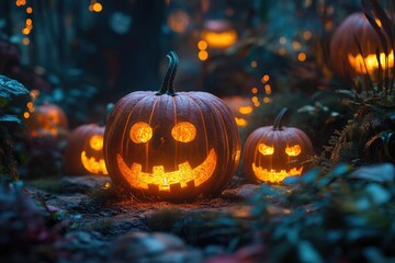 Fototapeta premium Eerie pumpkins glowing in misty dark forest on Halloween night.