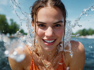 Obraz premium Young woman enjoying refreshing water splash in summer