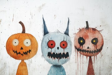 Hand-drawn watercolor doodle of creepy clowns and pumpkins.