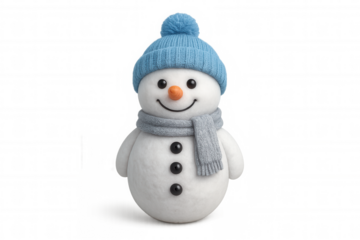 Snowman character wearing blue beanie and gray scarf, celebrating winter and holiday season, isolated on transparent background