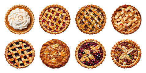 PNG Assorted decorative pies display, element set on transparent background