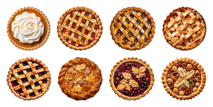 PNG Assorted decorative pies display, element set on transparent background