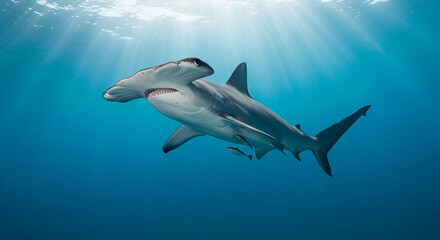 Fototapeta premium Impressive hammerhead shark swimming gracefully in crystal-clear ocean waters 