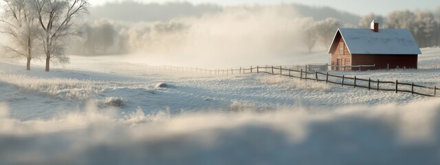 Red wooden barn standing silently in a vast winter landscape. Frosty trees and an old fence are embraced by a gentle morning mist and warm sunlight.
