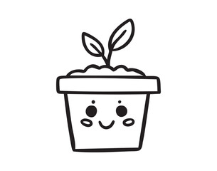 Plant pot with sprout and smile, growth and study, line art outline contour, monochrome, hand drawn