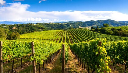 Naklejka premium Lush vineyard rows stretch across a sun-drenched landscape