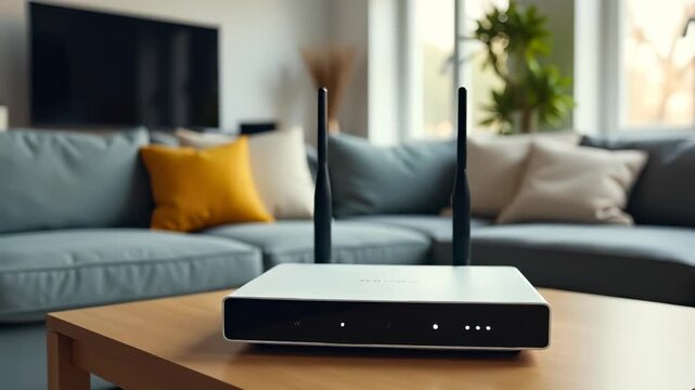 White internet router blinking on a wooden table in a living room