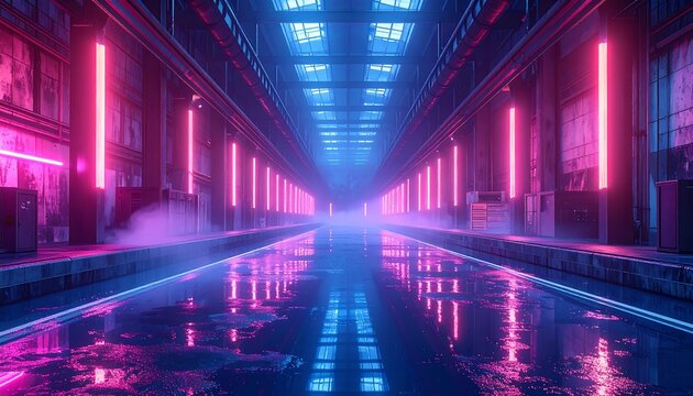 Neon-lit, futuristic factory corridor