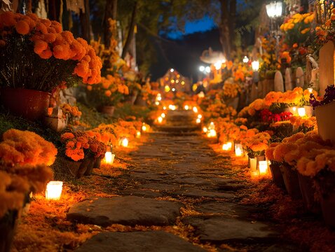 Stone path lined with orange marigold flowers candles