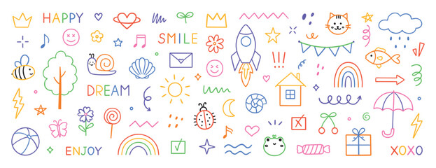 Cute kids elements, pencil preschool kindergarten doodle icons. Daycare and children drawings set, Playful scribble lines in sketch style. Hand drawn vector illustration isolated on white background