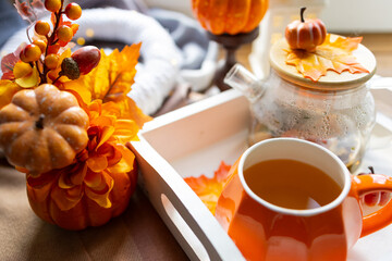 A cozy autumn composition with a teapot, an orange cup and decorative pumpkins.