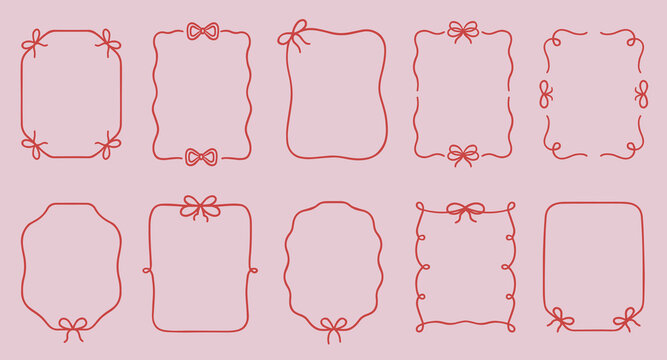 Whimsical wedding frame doodle set. Coquette boarders with bows and ribbons in sketch style. Hand drawn Vintage vector illustration for Valentine’s Day, wedding invitations.
