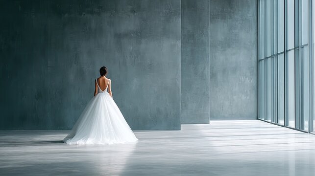 Elegant Bride in White Gown with Open Back and Elaborate Skirt Interior with Gray Concrete Wall and Bright Natural Lighting Creates a Romantic Ambiance - Powered by Adobe