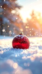 Red Christmas ornament in snowy landscape