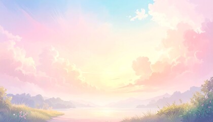 Pastel landscape of a serene sunrise over a lake