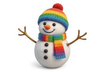 Snowman wearing rainbow colored hat and scarf with branch arms, celebrating diverse winter holidays and festive cheer on transparent background