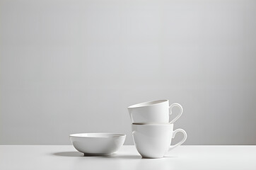 Fototapeta premium Minimalist Still Life with Stacked White Ceramic Cups and a Smal