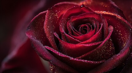 A velvety red rose glistens with golden shimmer and water droplets