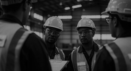 Group of industrial workers in safety vests and hard hats gathered for a professional training session in a large warehouse