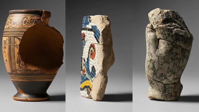 A triptych showcasing rotating ancient artifacts: a Greek pottery vase, a colorful mosaic fragment, and a marble hand sculpture