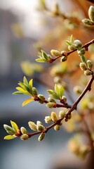 Fototapeta premium Close-up view of budding branches with fresh green leaves and soft fuzzy buds, capturing the essence of springtime renewal and natural beauty in a serene environment