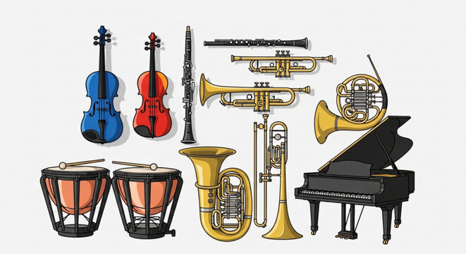 Illustration showcasing a variety of musical instruments including strings brass percussion and keyboard instruments