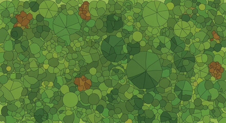 Aerial view of a dense forest canopy with green trees and brown clusters scattered throughout it