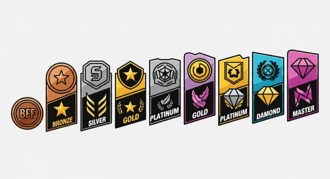 Illustration of various ranked emblems including bff bronze silver gold platinum diamond and master tiers