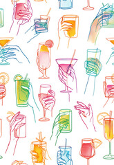 Colorful hand-drawn doodle of hands holding various cocktails on a white background