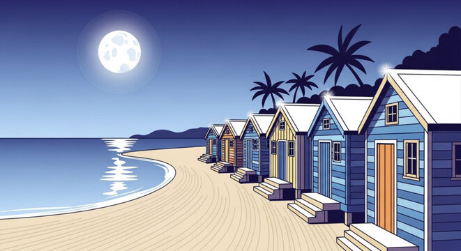 Row of beach huts under a full moon with palm trees and a calm sea at night in a cartoon style scene