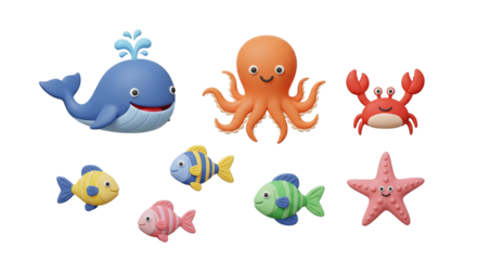 An adorable collection of vibrant 3D sea animal characters featuring a whale and octopus illustrating the underwater world isolated on a transparent background