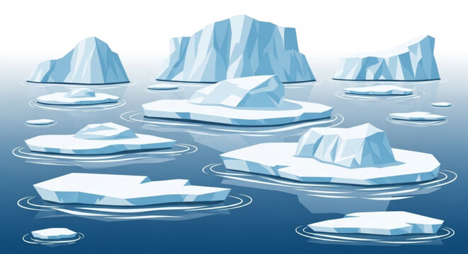 Illustration of multiple icebergs floating in the ocean with a gradient blue and white background scene