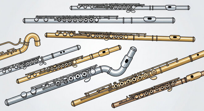 Illustration showing a collection of various silver and golden flutes in different sizes and shapes