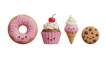 A charming collection of cute 3D dessert characters with kawaii faces symbolizing sweet joy isolated on a transparent background