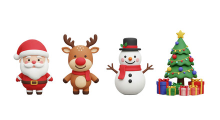 A charming 3D Christmas character set with Santa, reindeer, and snowman for holiday celebration isolated on a transparent background