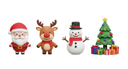 A charming 3D Christmas character set with Santa, reindeer, and snowman for holiday celebration isolated on a transparent background